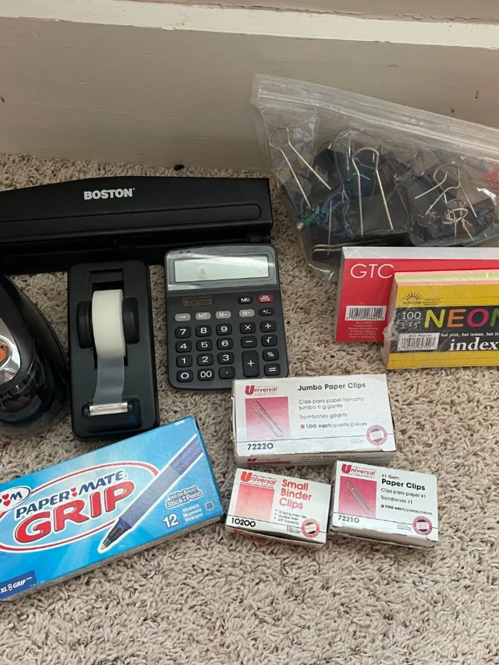 Office Bundle: Pencil Sharpener, Tape Dispenser, Calculator, 3-Hole Punch, Clips